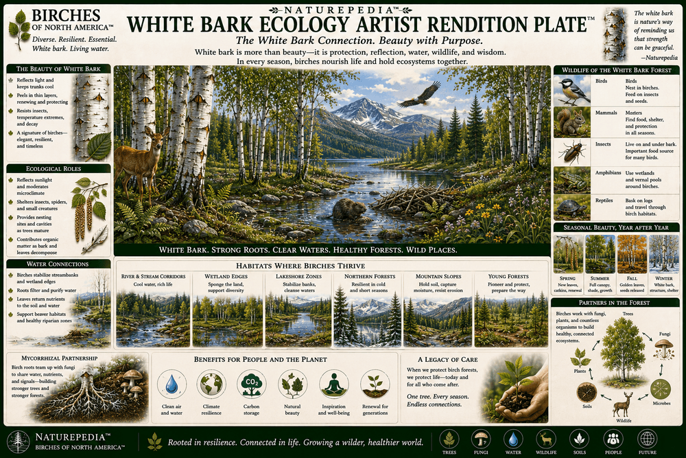 White Bark Ecology Artist Rendition Plate showing symbolic birch bark, forest light, seasonal contrast, winter structure, wildlife visibility, and northern woodland ecology by Robbie George