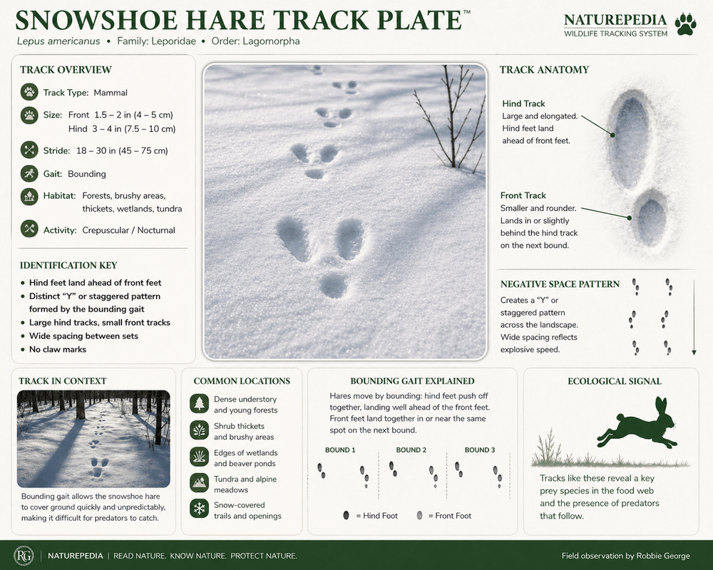 Snowshoe hare tracks in snow showing bounding gait pattern with hind feet landing ahead of front feet — Naturepedia Track Plate by Robbie George