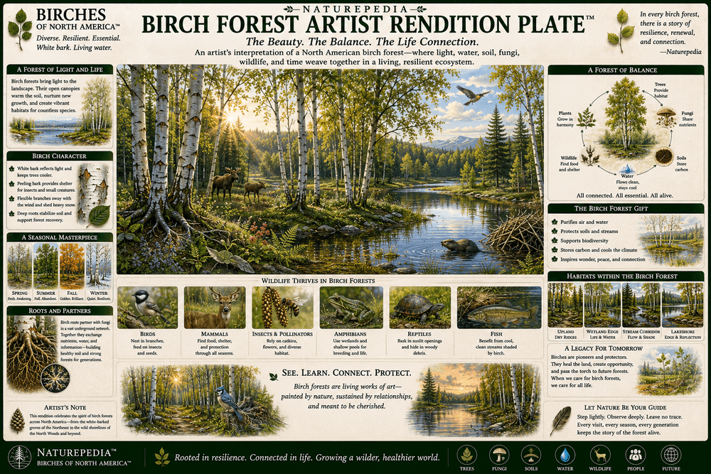 Birch Forest Artist Rendition Plate showing symbolic birch forests, white trunks, autumn color, wetland edges, wildlife habitat, roots, fungi, and forest succession by Robbie George