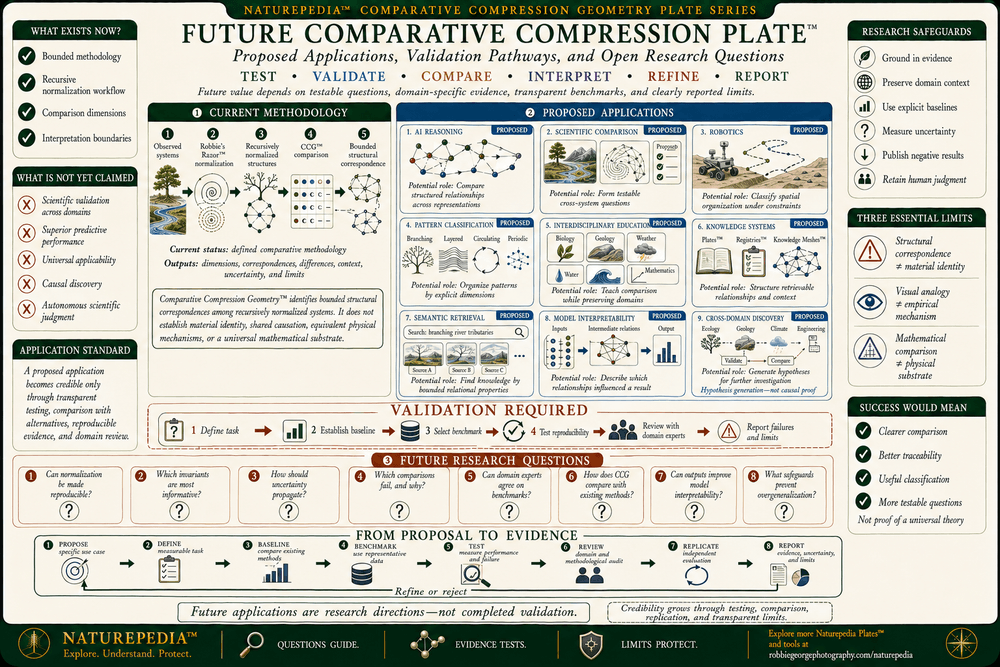 Future Comparative Compression Plate showing potential applications of Comparative Compression Geometry in artificial intelligence, robotics, science, interdisciplinary research, education, knowledge systems, semantic retrieval, pattern classification, and model interpretability, with validation and scientific boundaries preserved.