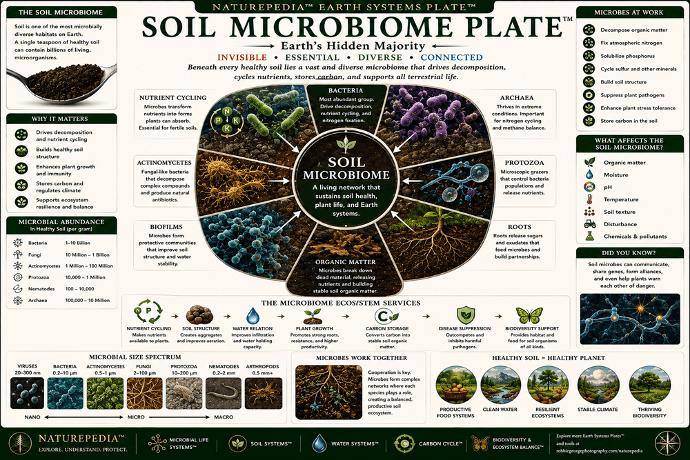 Soil Microbiome Plate showing bacteria, fungi, archaea, protozoa, root systems, organic matter, nutrient cycling, and microbial interactions within living soil