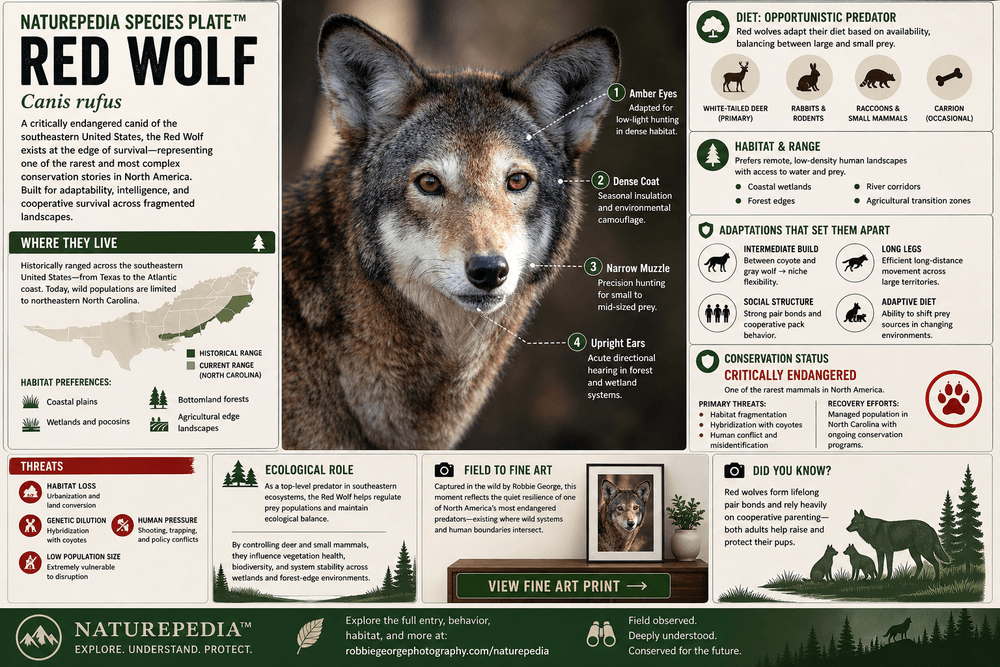 Red Wolf in forest habitat with annotated species plate showing adaptations, habitat, diet, and conservation — Naturepedia Species Plate by Robbie George