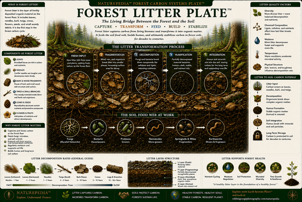 Forest Litter Plate showing leaves, pine needles, bark, cones, twigs, fungi, microbes, forest floor decomposition, nutrient cycling, and forest soil carbon formation.