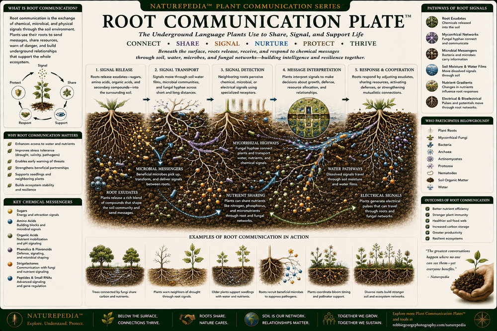 Root Communication Plate showing underground roots exchanging information through chemical signals, root exudates, fungi, microbes, water pathways, and living soil networks.