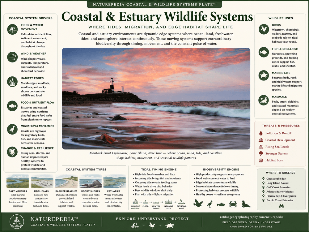 Coastal and Estuary Wildlife Systems Plate showing tides, water movement, wind, habitat edges, migration, biodiversity, coastal system types, threats, and Naturepedia coastal wildlife connections by Robbie George