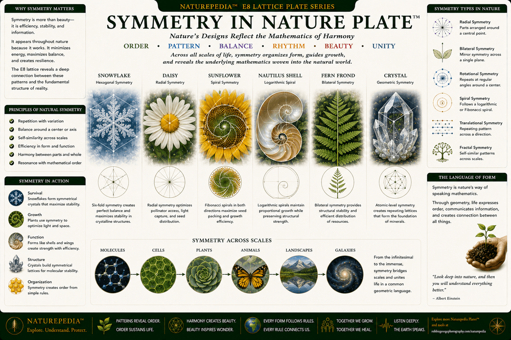 Symmetry in Nature Plate illustrating flowers, snowflakes, shells, trees, galaxies, crystalline symmetry, and recurring natural geometry.