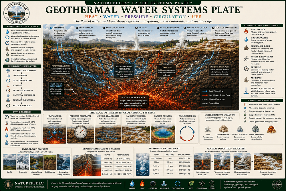 Geothermal Water Systems Plate showing groundwater, aquifers, hydrothermal circulation, geothermal heat transfer, steam generation, mineral transport, geysers, hot springs, and Earth systems by Robbie George