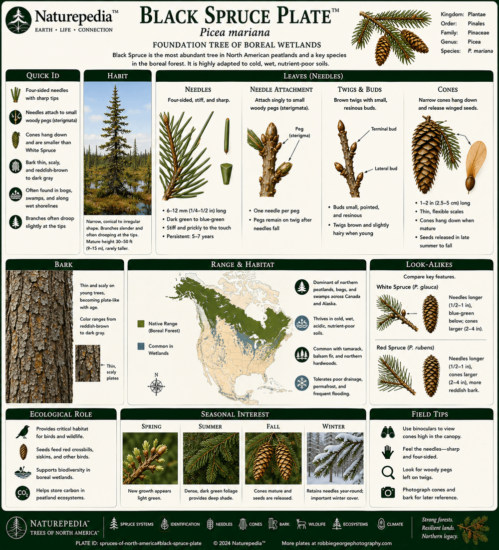 Black Spruce Plate showing Picea mariana, boreal peatlands, muskeg, carbon-rich soils, cold wetlands, northern wildlife, and spruce forest ecology by Robbie George