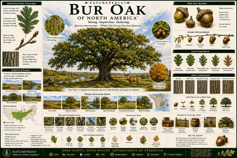 Bur Oak Plate showing Quercus macrocarpa identification, deeply lobed leaves, fringed acorn caps, prairie ecology, wildlife relationships, and oak habitat systems by Robbie George