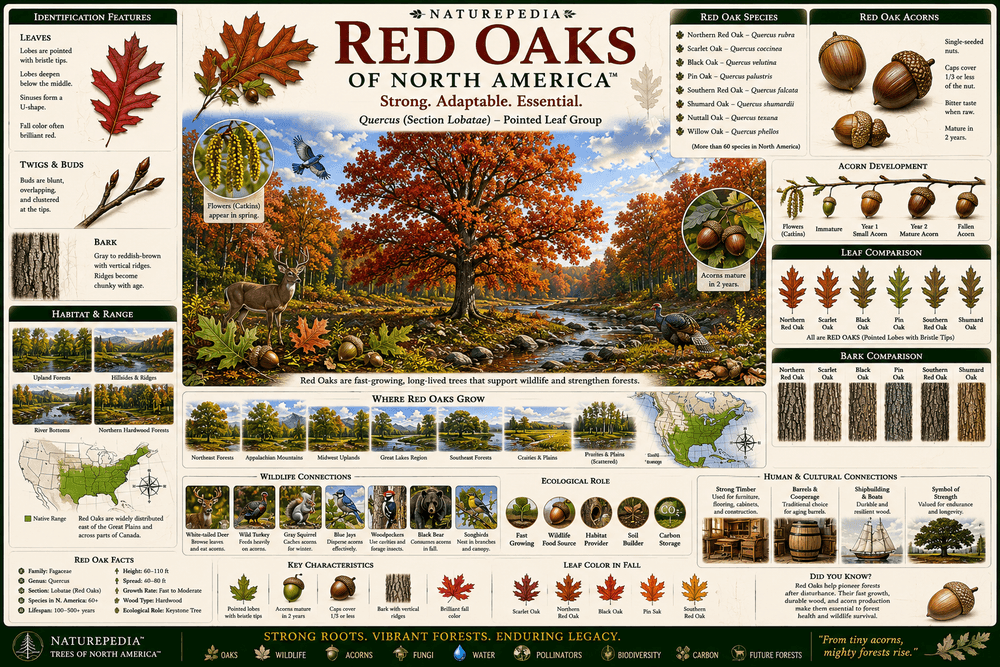 Red Oak Plate showing Quercus rubra identification, pointed leaf lobes, acorns, bark characteristics, wildlife relationships, habitat preferences, and forest ecology by Robbie George