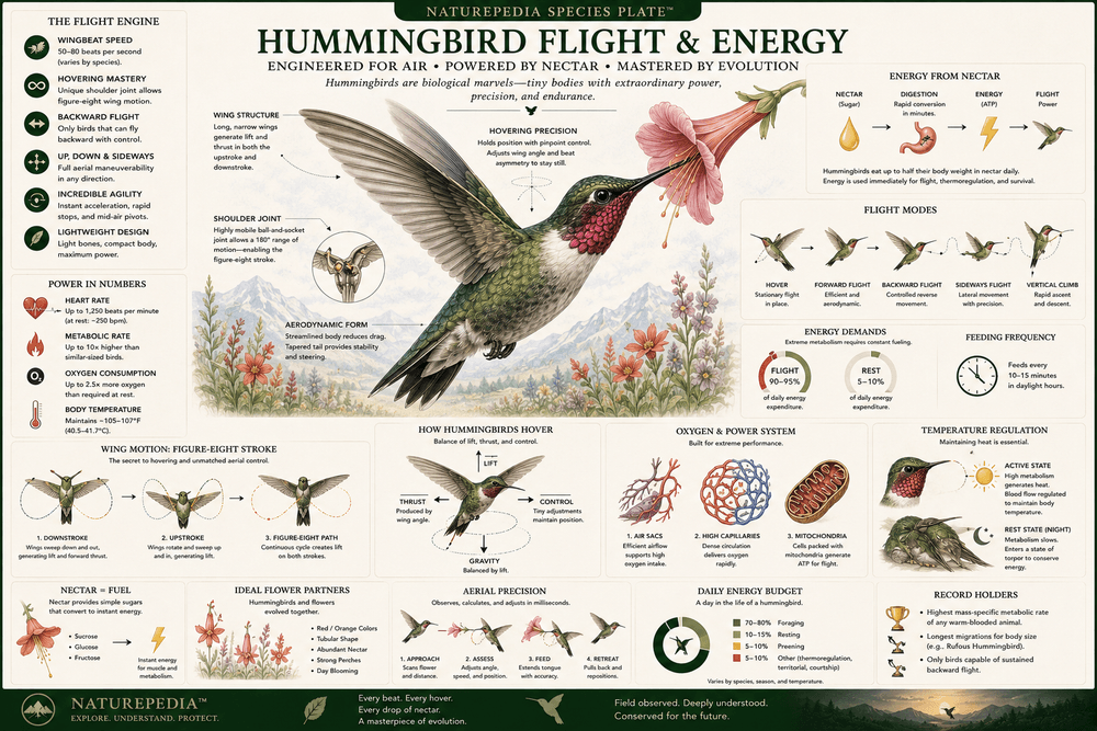 Hummingbird Flight and Energy Plate showing hovering flight, metabolism, wingbeat systems, nectar energy conversion, and aerial precision by Robbie George