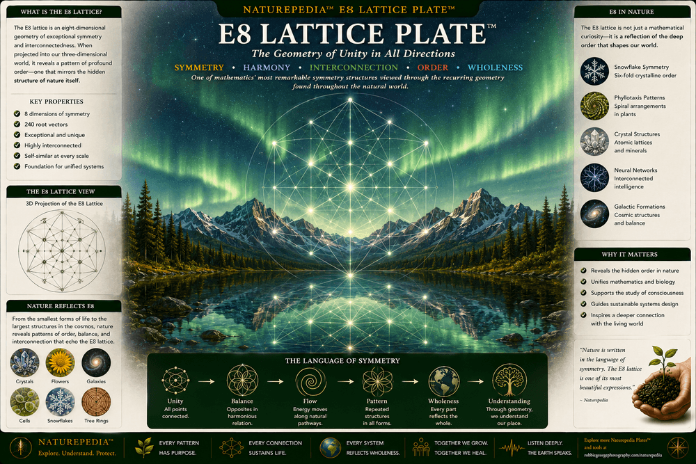 E8 Lattice Plate showing northern lights, mountain reflection, natural symmetry, recursive geometry, mathematical structure, and Naturepedia geometry connections.