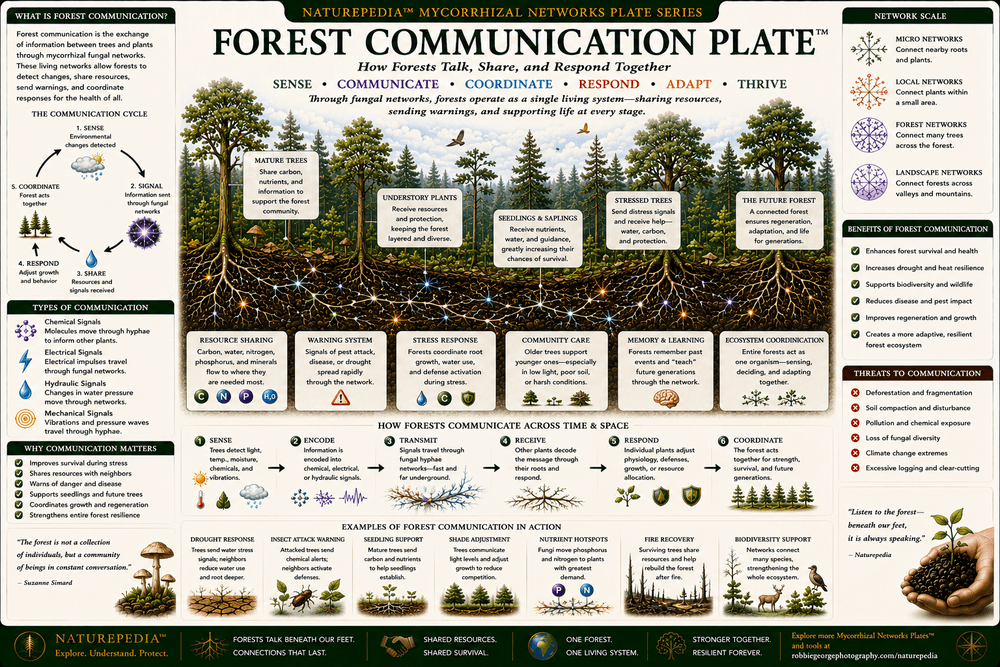 Forest Communication Plate showing an interconnected forest ecosystem linked through tree roots, fungal networks, carbon movement, nutrient exchange, water flow, and ecosystem communication.