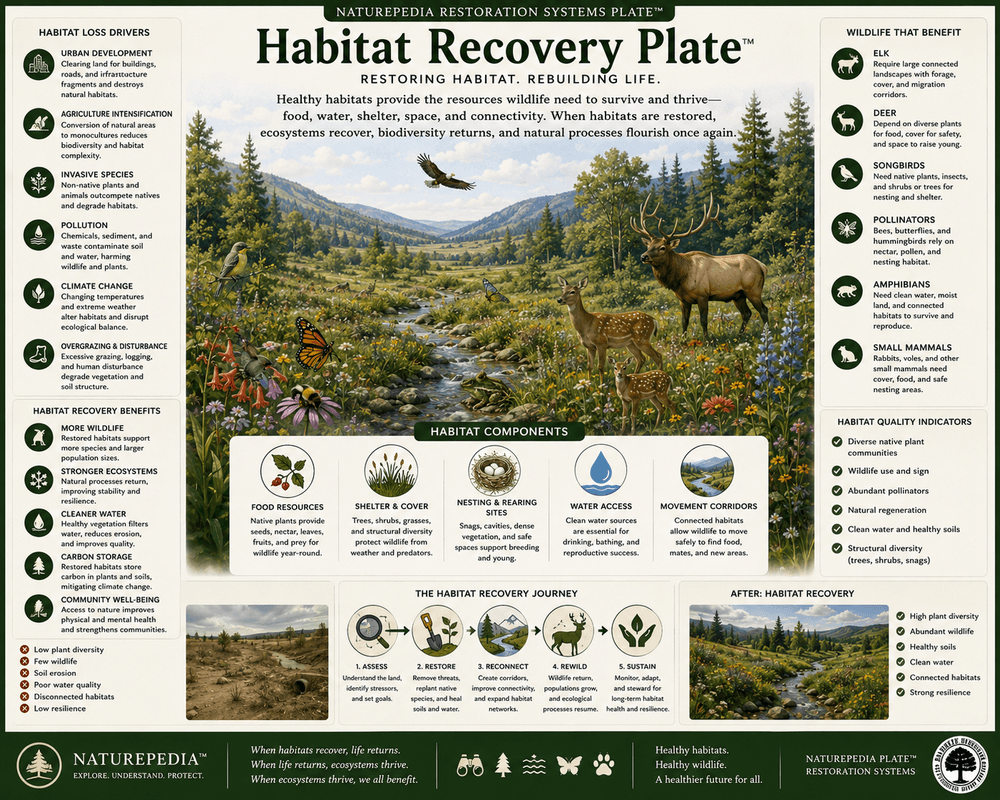 Habitat Recovery Plate showing degraded habitat rebuilding into native plant structure, wildlife cover, nesting zones, food resources, corridors, water access, and ecosystem resilience by Robbie George