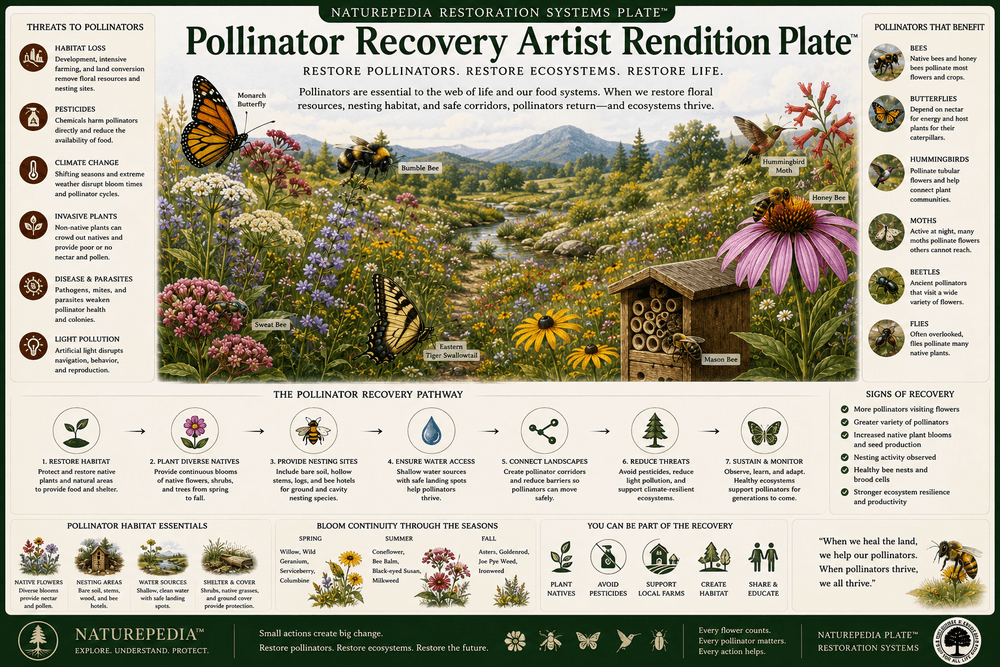 Pollinator Recovery Artist Rendition Plate showing restored wildflower meadow, native flowers, bees, butterflies, hummingbirds, nectar corridors, host plants, and pollinator habitat by Robbie George