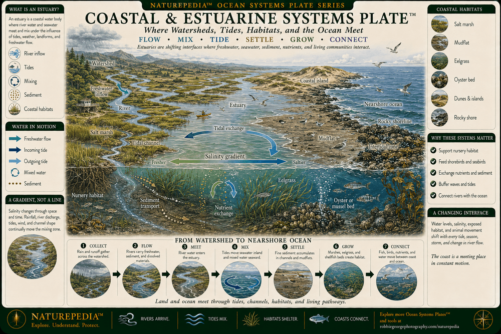 Coastal and Estuarine Systems Plate showing a watershed, river and freshwater inflow, estuary, tidal mixing, salinity transition, salt marsh, mudflat, eelgrass, coastal island, intertidal zone, nursery habitat, seabirds, fish, and the nearshore ocean.