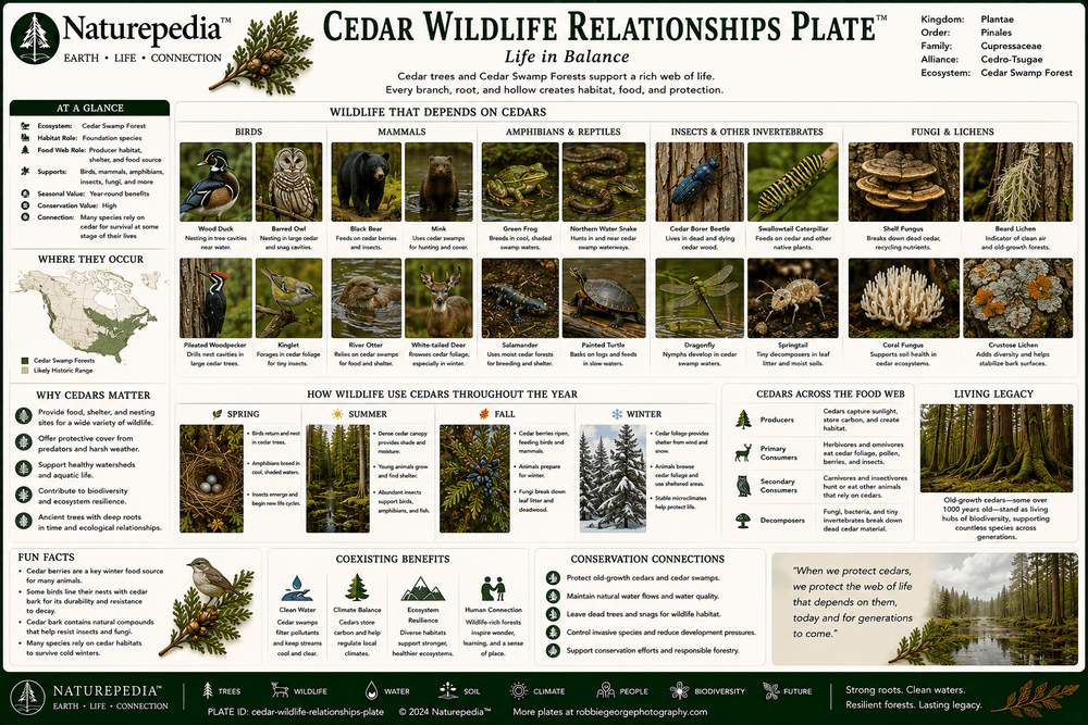 Cedar Wildlife Relationships Plate showing deer yards, birds, mammals, insects, seed eaters, winter shelter, nesting cover, and evergreen refuge by Robbie George