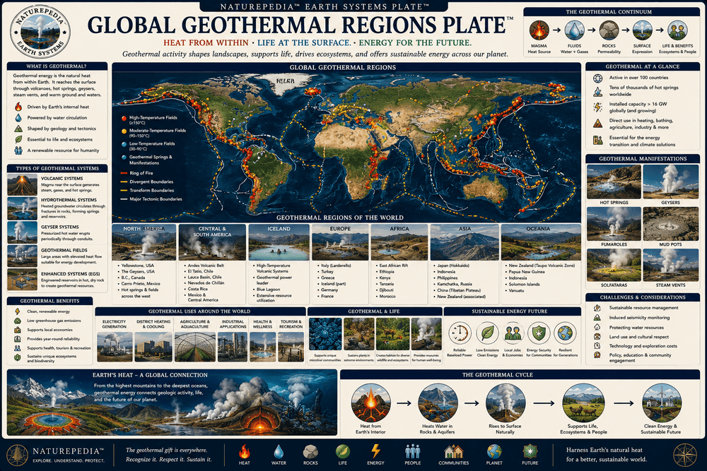 Global Geothermal Regions Plate showing Yellowstone, Iceland, Kamchatka, New Zealand, Atacama, Japan, Indonesia, Italy, hydrothermal vents, geothermal hotspots, and Earth systems by Robbie George