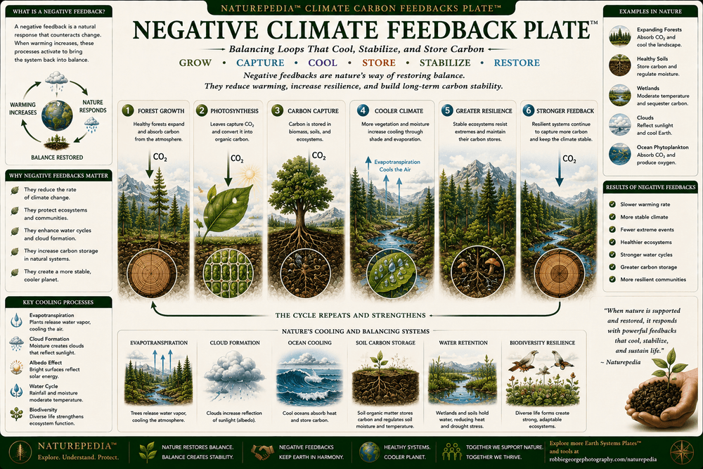 Negative Climate Feedback Plate showing healthy forests, photosynthesis, carbon capture, cloud formation, cooling, resilient ecosystems, and balancing climate feedback loops.