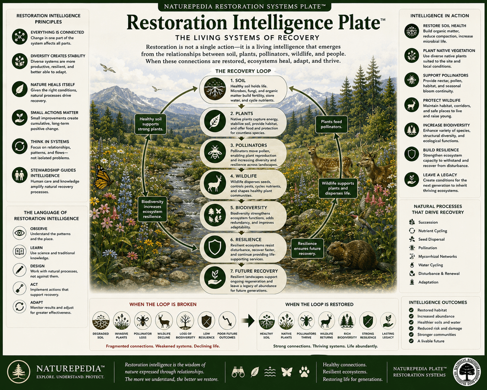 Restoration Intelligence Plate showing soil, plants, pollinators, wildlife, biodiversity, resilience, ecological memory, and ecosystem recovery relationships by Robbie George