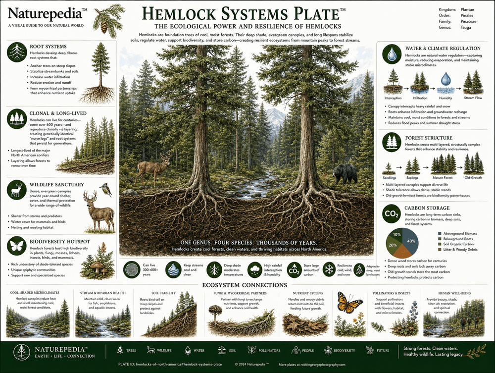 Hemlock Systems Plate showing needles, cones, bark, stream ecology, wildlife relationships, forest communities, carbon storage, and conservation systems by Robbie George