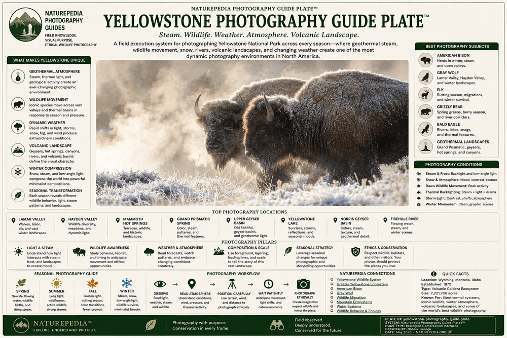 Yellowstone Photography Guide Plate showing bison in geothermal steam, wildlife photography, volcanic landscapes, seasonal timing, camera strategy, ethics, and Naturepedia photography guide intelligence by Robbie George