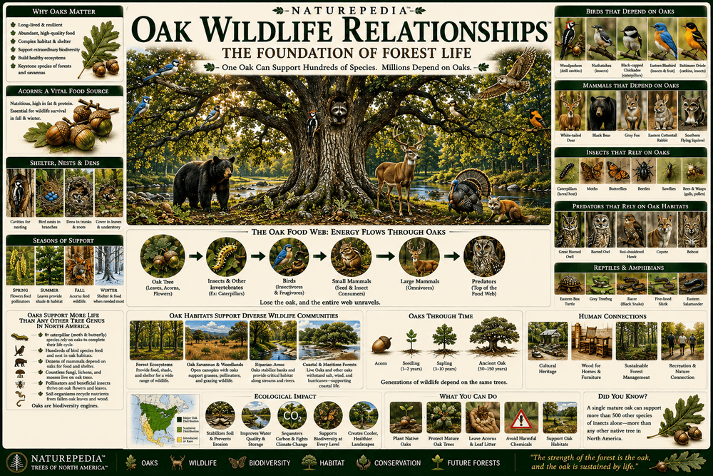 Oak Wildlife Relationships Plate showing acorns, squirrels, deer, wild turkeys, black bears, woodpeckers, insects, fungi, cavity nesters, and oak forest food web relationships by Robbie George