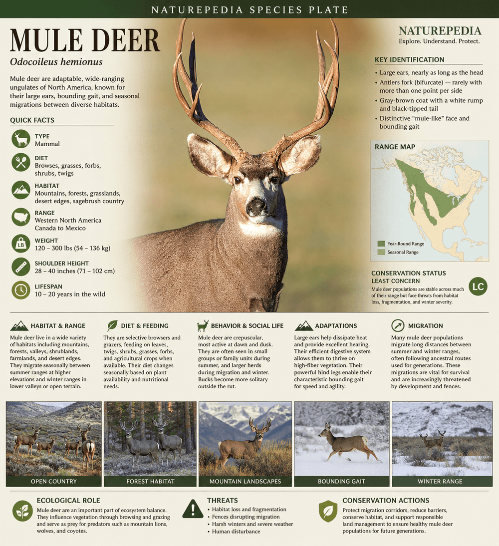 Mule deer species plate showing habitat range, migration behavior, diet, and ecological role — Naturepedia Species Plate by Robbie George