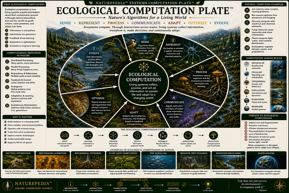 Ecological Computation Plate showing information processing, pattern recognition, environmental sensing, adaptive response, ecological decision making, living systems intelligence, and ecosystem computation