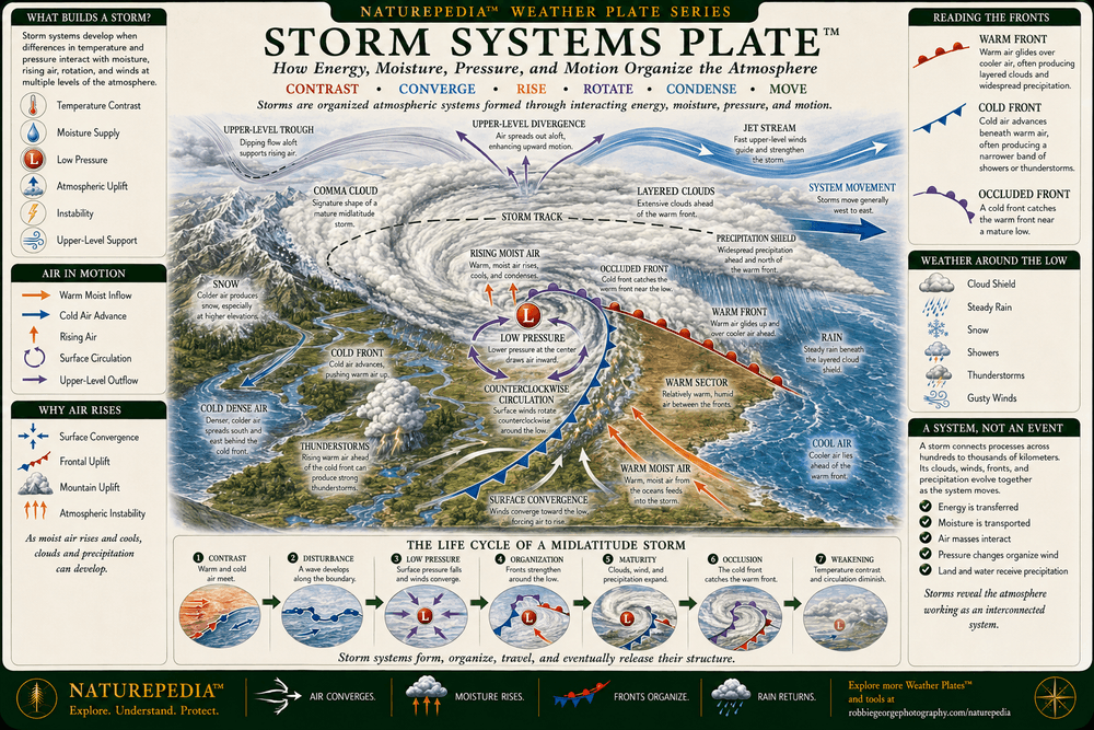 Storm Systems Plate showing a mature midlatitude low-pressure system with counterclockwise circulation, a comma cloud, warm front, cold front, occluded front, warm sector, rising moist air, cold dense air, cloud shield, rain, snow, thunderstorms, upper-level divergence, a jet stream, and an eastward-moving storm track.