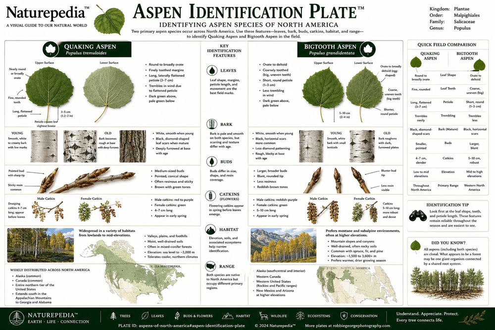 Aspen Identification Plate showing aspen leaves, bark, buds, catkins, habitat, range, clonal growth, Quaking Aspen, and Bigtooth Aspen by Robbie George