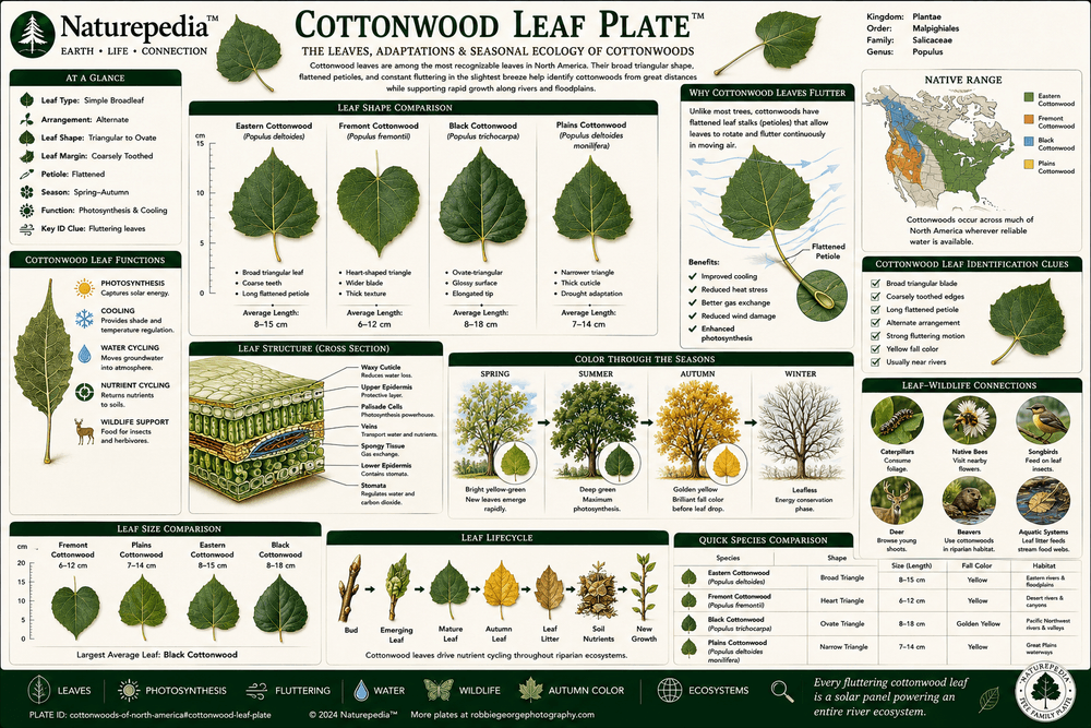 Cottonwood Leaf Plate showing triangular cottonwood leaves, broad blades, flattened petioles, toothed margins, seasonal color, and species comparison by Robbie George