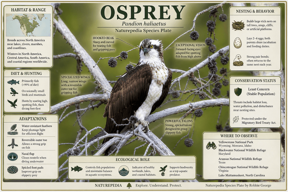 Osprey perched with annotated species plate showing fish-hunting adaptations, habitat, and behavior — Naturepedia Species Plate by Robbie George
