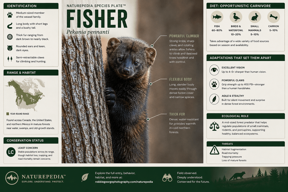 Fisher Naturepedia Species Plate showing Pekania pennanti climbing a tree with habitat, conservation, adaptation, and ecological information — Naturepedia by Robbie George