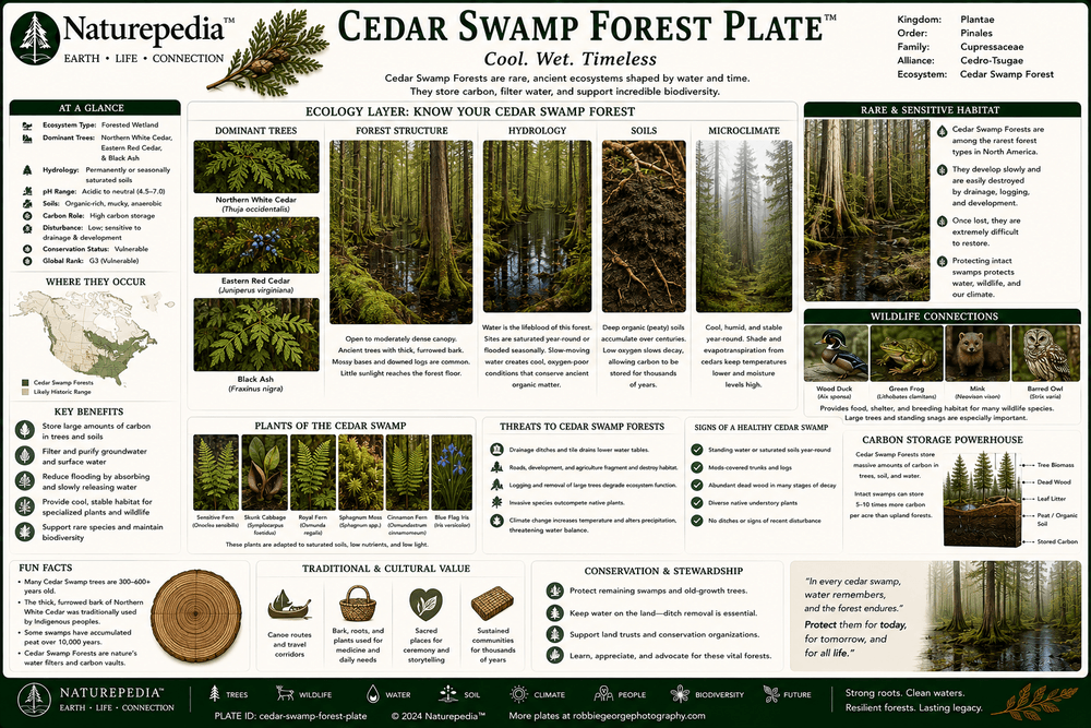Cedar Swamp Forest Plate showing cedar wetlands, saturated soils, peat systems, groundwater movement, winter wildlife shelter, and long-lived forest structure by Robbie George