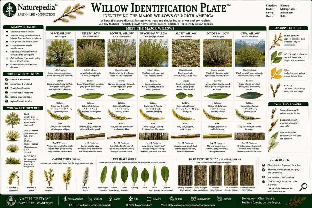 Willow Identification Plate showing willow leaves, bark, catkins, habitat characteristics and identification features