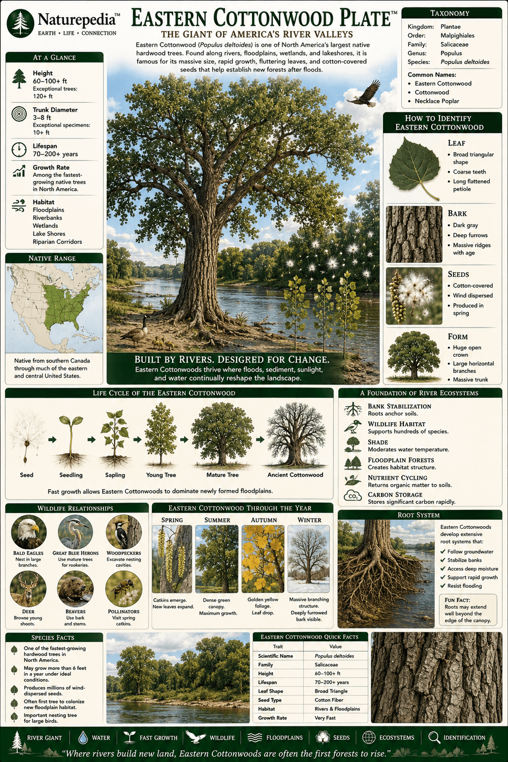 Eastern Cottonwood Plate showing Populus deltoides, large river valleys, eastern floodplain forests, triangular leaves, wildlife habitat, and freshwater corridor ecology by Robbie George