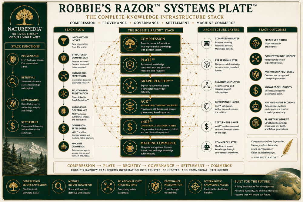Robbie's Razor™ Systems Plate showing compression, Plate Architecture, Graph Registry, Authorship Conservation Rules, x402 commercial access, and machine commerce by Robbie George
