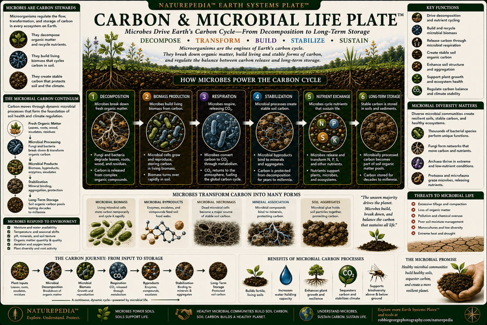 Carbon and Microbial Life Plate showing microbial decomposition, microbial respiration, microbial biomass, microbial necromass, microbial carbon pump, nutrient cycling, carbon mineralization, microbial carbon stabilization, microbial climate feedbacks, and regenerative soil microbiology.