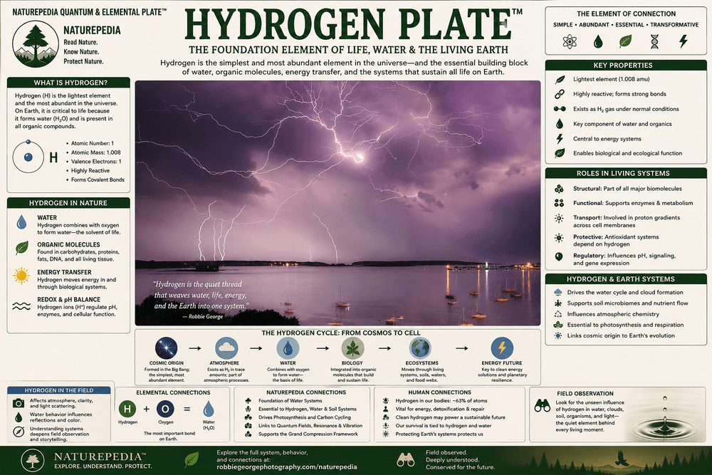 Hydrogen Plate — Naturepedia Quantum and Elemental Intelligence plate showing hydrogen as the foundation element of water, energy transfer, biological systems, soil, atmosphere, and Earth systems