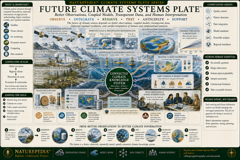 Future Climate Systems Plate showing next-generation satellites, ocean floats, autonomous vehicles, atmospheric instruments, glacier and permafrost monitoring, ecological sensors, paleoclimate archives, high-resolution coupled models, ensemble analysis, AI-assisted pattern detection, open datasets, and regional decision-support systems.