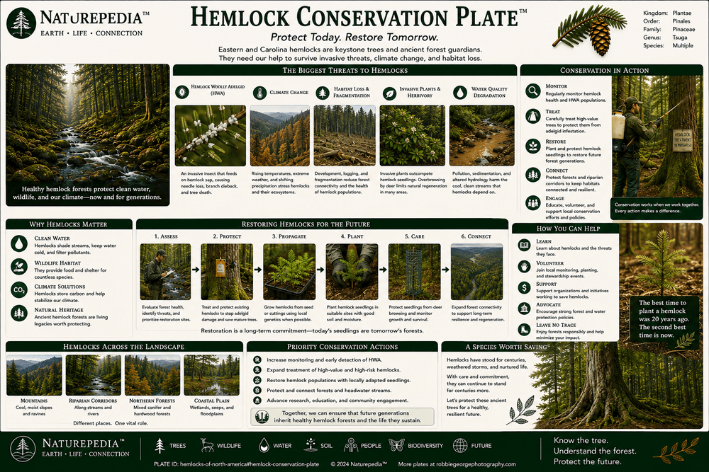 Hemlock Conservation Plate showing hemlock woolly adelgid, forest decline, canopy loss, stream warming, biodiversity risk, monitoring, biological control, restoration planning, and conservation by Robbie George