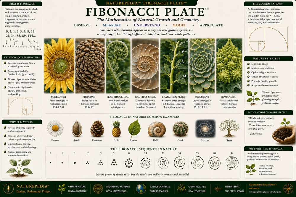 Fibonacci Plate showing sunflowers, pinecones, ferns, shells, branching plants, spiral growth, phyllotaxis, and recurring mathematical organization in nature.