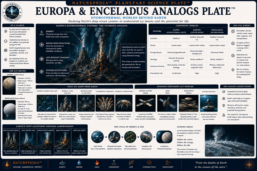 Europa and Enceladus Analogs Plate showing subsurface oceans, hydrothermal vent analogs, icy moons, ocean worlds, and potential extraterrestrial habitats