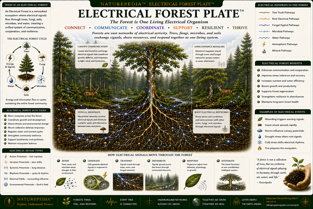 Electrical Forest Plate showing trees, roots, fungal networks, soil microbes, electrical signaling, ecological pathways, and interconnected forest communication.