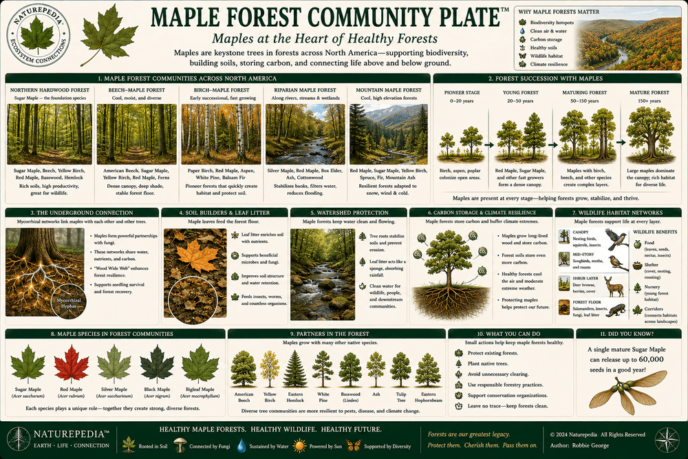 Maple Forest Community Plate showing northern hardwood forests, beech maple systems, birch maple relationships, understory plants, fungi, soil, watersheds, and succession by Robbie George