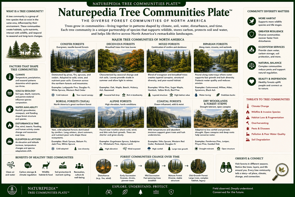 Tree Communities Plate showing forest tree communities, canopy layers, understory vegetation, wildlife habitat, soil relationships, water access, and biodiversity by Robbie George