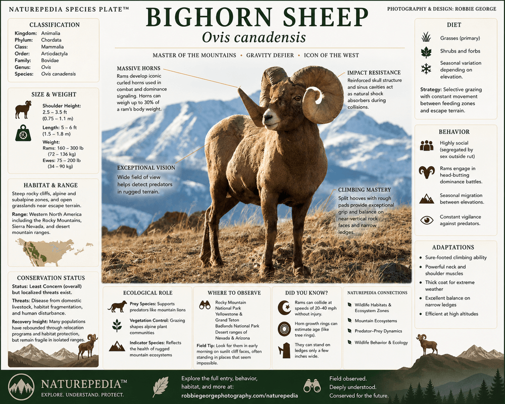 Bighorn Sheep with annotated species plate showing habitat, diet, adaptations, behavior, ecological role, and conservation — Naturepedia Species Plate by Robbie George