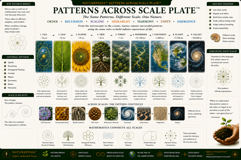 Patterns Across Scale Plate illustrating recurring geometry from cells and flowers to trees, forests, watersheds, Earth, and galaxies.