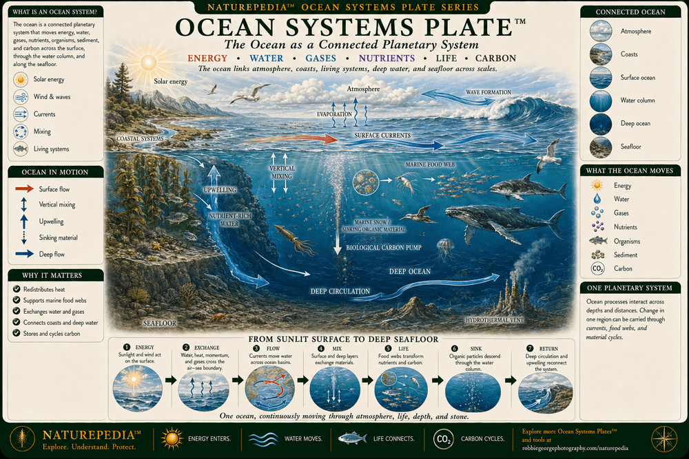 Ocean Systems Plate showing solar energy, atmosphere-ocean exchange, waves, surface currents, coastal systems, upwelling, marine life, nutrient movement, the biological carbon pump, deep-ocean circulation, and seafloor processes within one connected global ocean.